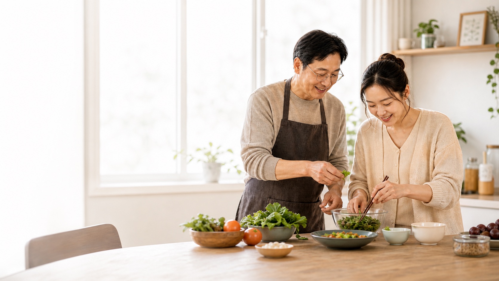 父亲与成年女儿一起准备家庭餐食